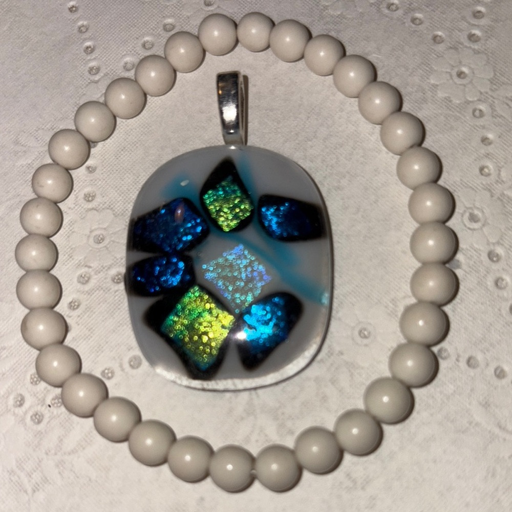 Elegant Blue and Green Pendant Necklace and bone bead bracelet $9